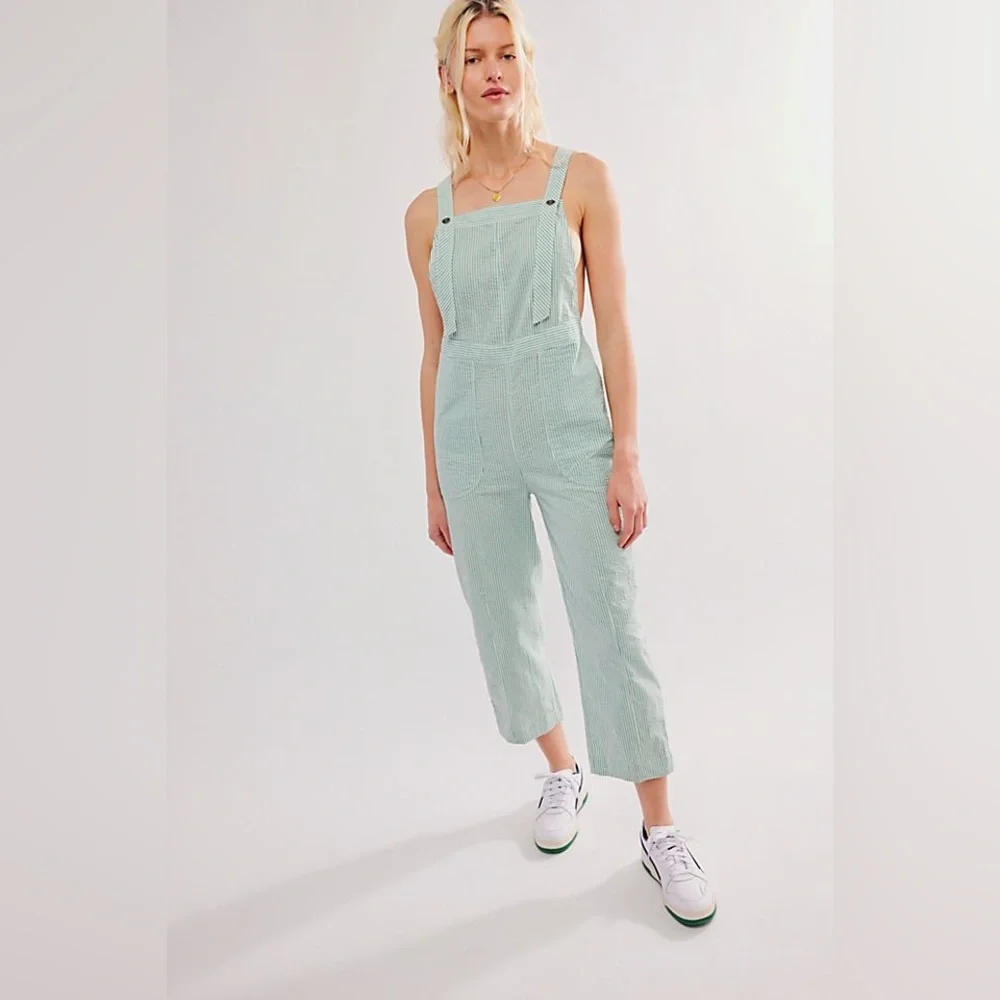 NWT Free People In Town Green Combo Striped Open Back Overalls Sz S